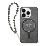   Guess IML Glitter iPhone 16 MagSafe kemény hátlap tok karpánttal, fekete GUHMP16SHGCRELSK