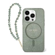   Guess IML Glitter iPhone 16 Pro Max MagSafe kemény hátlap tok karpánttal, zöld GUHMP16XHGCRELSA