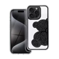 Teddy Bear iPhone 15 Pro csillogó köves tok, fekete