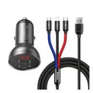   Baseus 2xUSB-A autós töltő LCD kijelzővel + 3in1 töltő kábellel, 4,8A, 24W, fekete