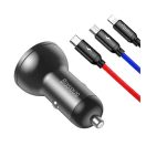 Baseus 2xUSB-A autós töltő LCD kijelzővel + 3in1 töltő kábellel, 4,8A, 24W, fekete