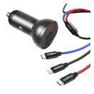 Baseus 2xUSB-A autós töltő LCD kijelzővel + 3in1 töltő kábellel, 4,8A, 24W, fekete