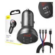   Baseus 2xUSB-A autós töltő LCD kijelzővel + 3in1 töltő kábellel, 4,8A, 24W, fekete