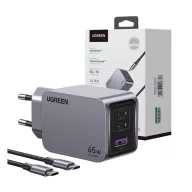  Ugreen Nexode Pro USB-A + 2x USB-C hálózati töltő adapter + USB-C kábel, 65W, 1.5m, fekete