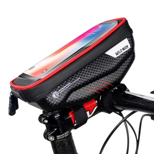 Univerzális, kerékpáros / biciklis tartó, táska, 6.5", kormányra szerelhető, vízálló, WildMan E1-S, fekete/piros