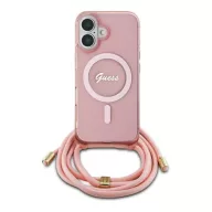   Guess Crossbody Cord Script iPhone 16 MagSafe hátlap tok karpánttal, rózsaszín GUHMP16SHCTSGNSP
