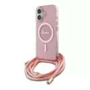 Guess Crossbody Cord Script iPhone 16 MagSafe hátlap tok karpánttal, rózsaszín GUHMP16SHCTSGNSP