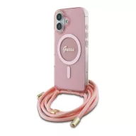   Guess Crossbody Cord Script iPhone 16 MagSafe hátlap tok karpánttal, rózsaszín GUHMP16SHCTSGNSP