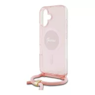   Guess Crossbody Cord Script iPhone 16 MagSafe hátlap tok karpánttal, rózsaszín GUHMP16SHCTSGNSP