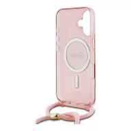   Guess Crossbody Cord Script iPhone 16 MagSafe hátlap tok karpánttal, rózsaszín GUHMP16SHCTSGNSP