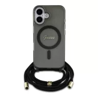   Guess Crossbody Cord Script iPhone 16 MagSafe hátlap tok karpánttal, fekete GUHMP16SHCTSGNSK