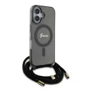 Guess Crossbody Cord Script iPhone 16 MagSafe hátlap tok karpánttal, fekete GUHMP16SHCTSGNSK