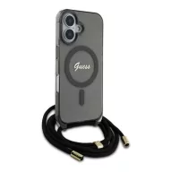   Guess Crossbody Cord Script iPhone 16 MagSafe hátlap tok karpánttal, fekete GUHMP16SHCTSGNSK
