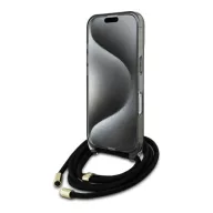   Guess Crossbody Cord Script iPhone 16 MagSafe hátlap tok karpánttal, fekete GUHMP16SHCTSGNSK
