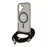   Guess Crossbody Cord Script iPhone 16 MagSafe hátlap tok karpánttal, fekete GUHMP16SHCTSGNSK