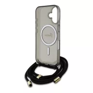   Guess Crossbody Cord Script iPhone 16 MagSafe hátlap tok karpánttal, fekete GUHMP16SHCTSGNSK
