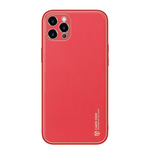 Apple iPhone 12 Pro Max, Műanyag hátlap védőtok + szilikon fémhatású keret, közepesen ütésálló, bőrhatású hátlap, Dux Ducis Yolo, piros