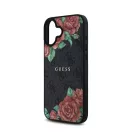 Guess PU Leather 4G Roses iPhone 16 MagSafe műbőr tok, fekete-rózsa