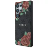   Guess Leather 4G Flowers Print Metal Classic Logo MagSafe Samsung Galaxy S25 Ultra kemény hátlap tok, fekete
