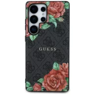   Guess Leather 4G Flowers Print Metal Classic Logo MagSafe Samsung Galaxy S25 Ultra kemény hátlap tok, fekete