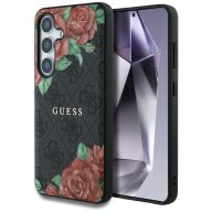   Guess Leather 4G Flowers Print Metal Classic Logo MagSafe Samsung Galaxy S25 kemény hátlap tok, fekete