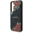 Guess Leather 4G Flowers Print Metal Classic Logo MagSafe Samsung Galaxy S25 kemény hátlap tok, fekete
