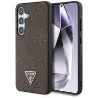  Guess Grained Hot Stamp Peony Pattern Triangle Logo Samsung Galaxy S25 MagSafe kemény hátlap tok, barna