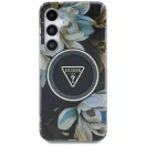 Guess Glitter Flowers Triangle Buttons Samsung Galaxy S25 MagSafe kemény hátlap tok, fekete