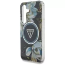 Guess Glitter Flowers Triangle Buttons Samsung Galaxy S25 MagSafe kemény hátlap tok, fekete