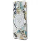 Guess Glitter Flowers Triangle Buttons Samsung Galaxy S25 MagSafe kemény hátlap tok, fehér