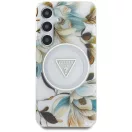 Guess Glitter Flowers Triangle Buttons Samsung Galaxy S25 MagSafe kemény hátlap tok, fehér