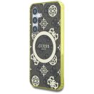 Guess 4G Background Gold Electroplated Peony Pattern Samsung Galaxy S25 MagSafe kemény hátlap tok, barna