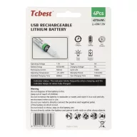   TCBEST újratölthető R6 (AA) elem 1100 mAh, USB-C csatlakozóval és töltőkábellel (4db)