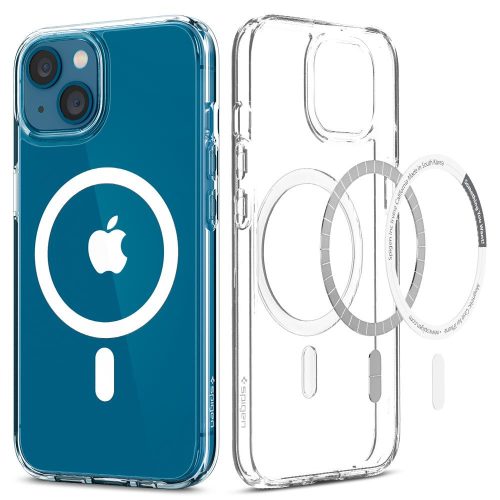 Apple iPhone 13, Műanyag hátlap védőtok + szilikon keret, Magsafe töltővel kompatibilis, Spigen Ultra Hybrid Mag, átlátszó/fehér