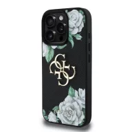   Guess PU Grained Roses 4G Metal Logo iPhone 16 Pro hátlap tok, fekete