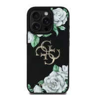   Guess PU Grained Roses 4G Metal Logo iPhone 16 Pro hátlap tok, fekete