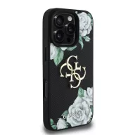   Guess PU Grained Roses 4G Metal Logo iPhone 16 Pro hátlap tok, fekete