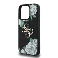   Guess PU Grained Roses 4G Metal Logo iPhone 16 Pro hátlap tok, fekete