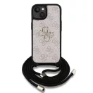 Guess PU 4G Metal Logo Crossbody Strap iPhone 15 hátlap tok, rózsaszín