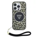 Guess IML Leopard Triangle Logo Strap iPhone 16 Pro MagSafe hátlap tok, barna