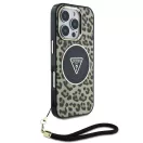 Guess IML Leopard Triangle Logo Strap iPhone 16 Pro MagSafe hátlap tok, barna