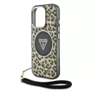 Guess IML Leopard Triangle Logo Strap iPhone 16 Pro MagSafe hátlap tok, barna