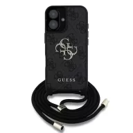   Guess PU 4G Metal Logo Crossbody Strap iPhone 16 hátlap tok, fekete