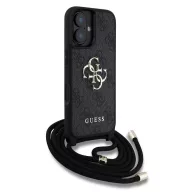   Guess PU 4G Metal Logo Crossbody Strap iPhone 16 hátlap tok, fekete