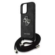   Guess PU 4G Metal Logo Crossbody Strap iPhone 16 hátlap tok, fekete