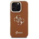 Guess PU Grained 4G Logo Stand Camera Frame iPhone 16 Pro Max hátlap tok kitámasztóval, barna
