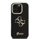 Guess PU Grained 4G Logo Stand Camera Frame iPhone 15 Pro hátlap tok kitámasztóval, fekete