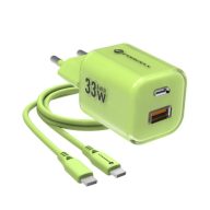   Forcell F-Energy Crystal Color GaN III VT-41 USB-C-USB-A hálózati töltő adapter szilikon kábellel, 33W, zöld