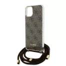 Guess IML 4G Printed Crossbody Strap iPhone 15 hátlap tok pánttal, barna