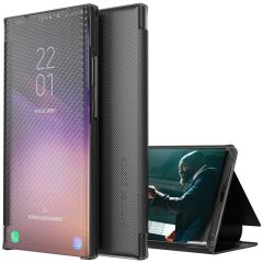   Samsung Galaxy M31 SM-M315F, Oldalra nyíló tok, stand, hívás mutatóval, kevlár minta, Wooze Smart View Cover Carbon, fekete